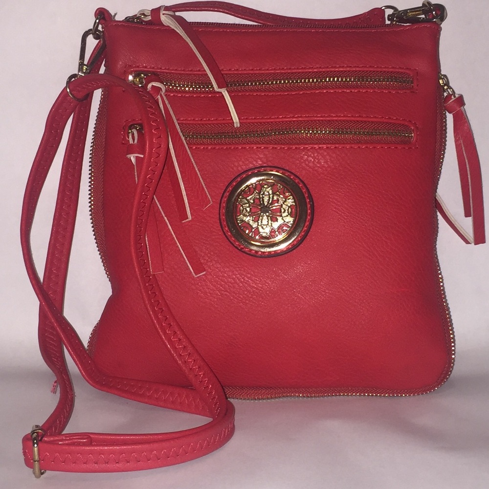 NWOT Red and gold leather crossbody with gold
